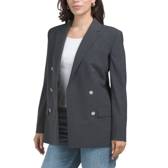 THEORY CHARCOAL MULTI Wool Blend Boxy Double Breasted Blazer Jacket - Picture 1 of 2